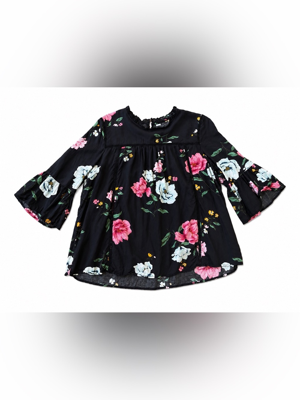 Old Navy Womenβs XL Black Floral Boho Peasant Blouse Bell Sleeve Lightweight Top